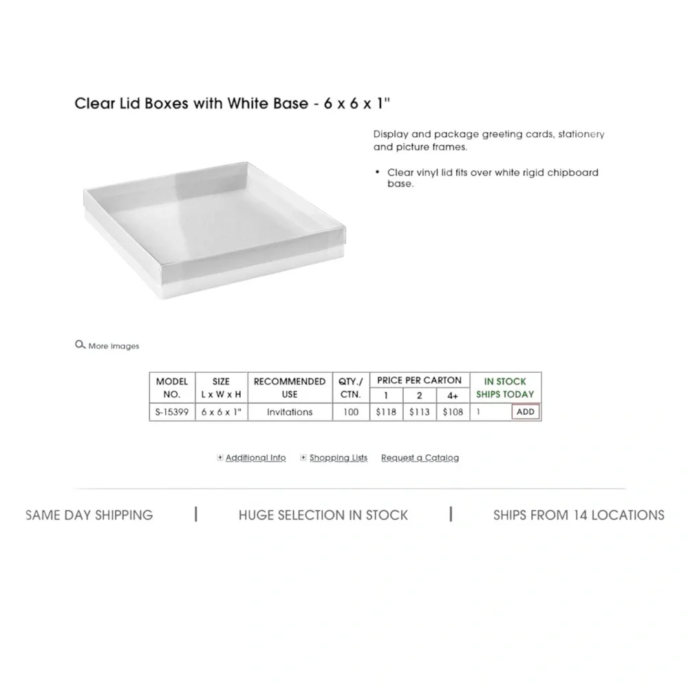 NWB 70 pcs Clear Lid Boxes 6x6x1 inch with White Base - Uline
